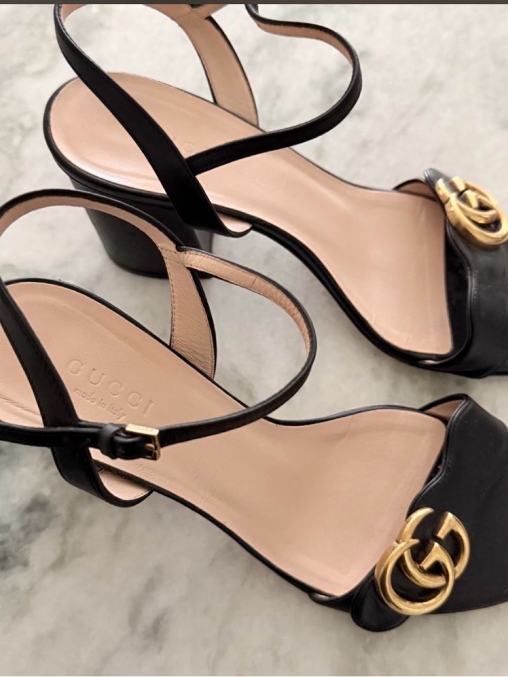 Gucci Black Leather Heeled Sandals with Gold Double G Accent